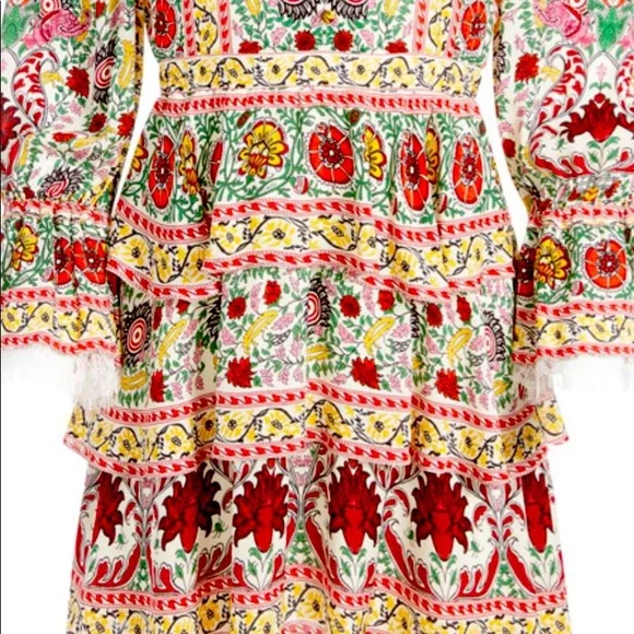 Alice + Olivia Lawson Floral Tiered Dress Green and Cream Mock Neck Dress Sz L - Picture 13 of 16